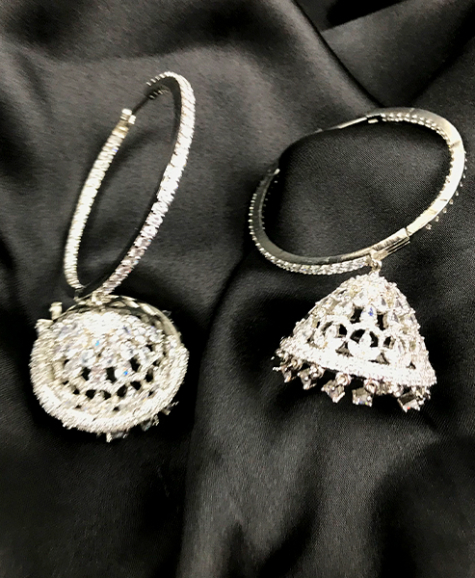 Jhumki hoops made of pure Rhodium and fine zircons dujourstores