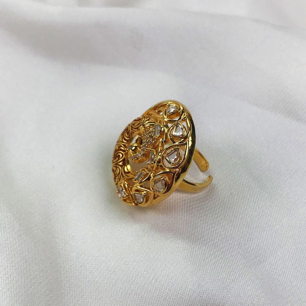 Kundan embellished adjustable peacock ring dujourstores